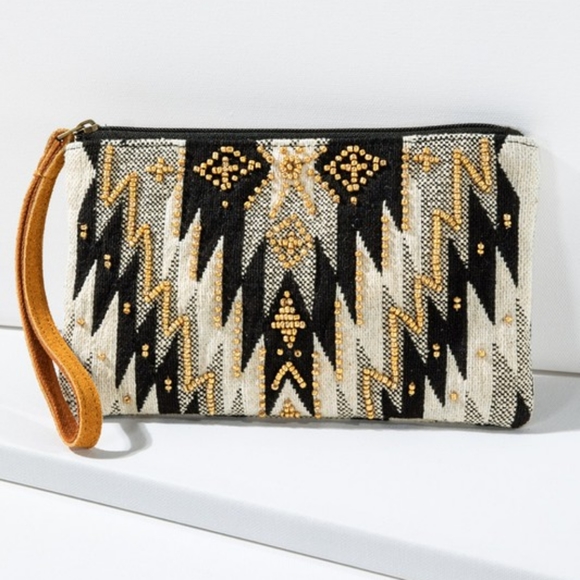 Handmade Hand Beaded Wristlet Clutch - Ethnic Inspired Design - Dyed Fine Cotton - Picture 3 of 7